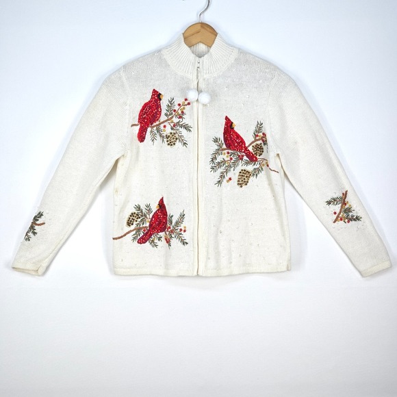 HEIRLOOM COLLECTIBLES Cardinal Sweater‎ Women PM Full Zip Embroidery Grannycore - Picture 1 of 16